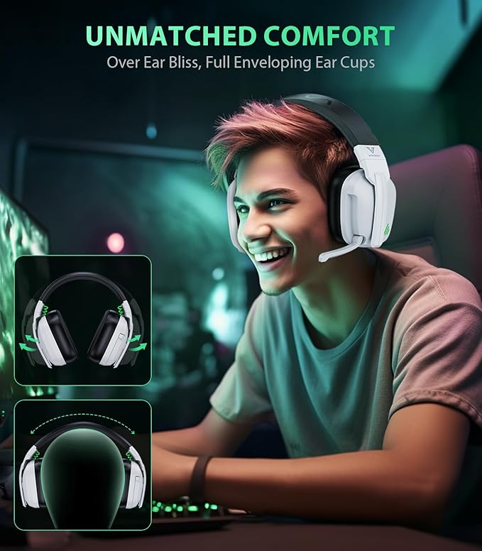 HW11 Wireless Gaming Headset for PS5,PS4,PS4 Pro, Switch,Mac,Bluetooth 5.3 Gaming Headphones with Noise Canceling Mic,Gamer Headphones for PC,50Hr Battery (White)