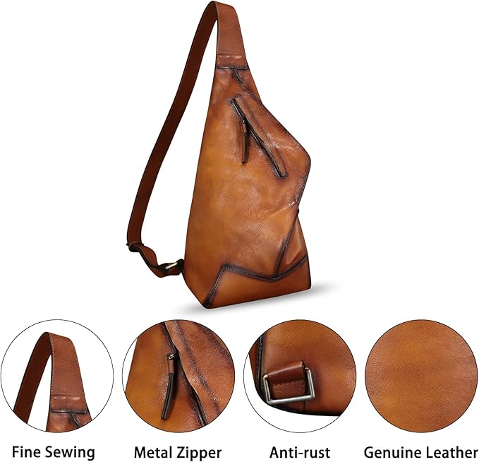 Genuine Leather Sling Bag for Men and Women Vintage Full Grain Leather Sling Purse Chest Daypack Over Shoulder Crossbody Bag (Brown)