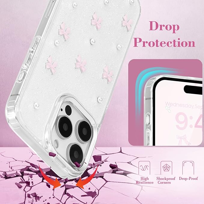 EYZUTAK Case for iPhone 15 Pro, Bling Glitter 3D Bowknot Phone Case Cute Sparkly Crystal Clear Bow Aesthetic Design Case Slim Soft Durable TPU Transparent Protective Cover for Women Girl - Pink Bow