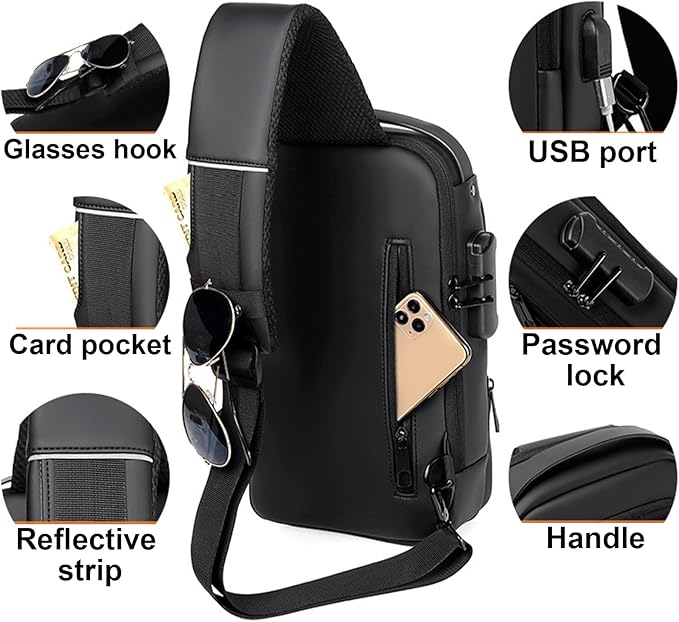Sling Bag for Men | Anti-theft Crossbody USB PU Leather Shoulder Bag Chest Bag for Daily use Waterproof Lightweight One Strap Backpack, Black