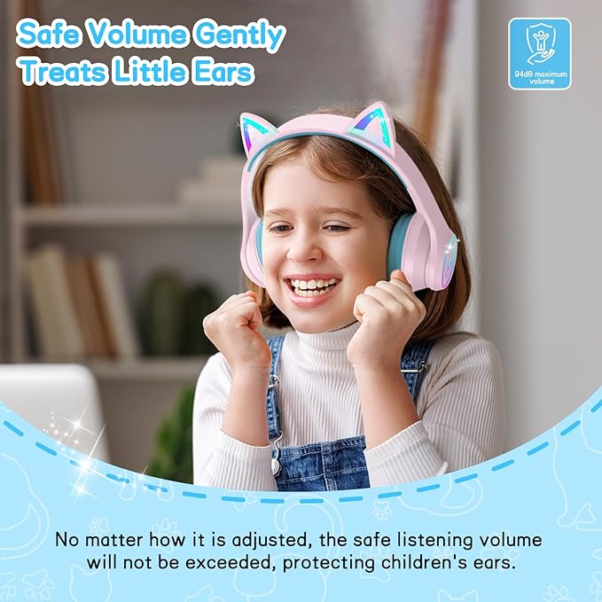 LOBKIN Kids Bluetooth Headphones,Over Ear Kids Headphones Wireless with Mic 50H Playtime Colorful LED Lights AUX Cord 94dB Safe Volume Limited Foldable Design for Boy Girl Travel/School/iPad