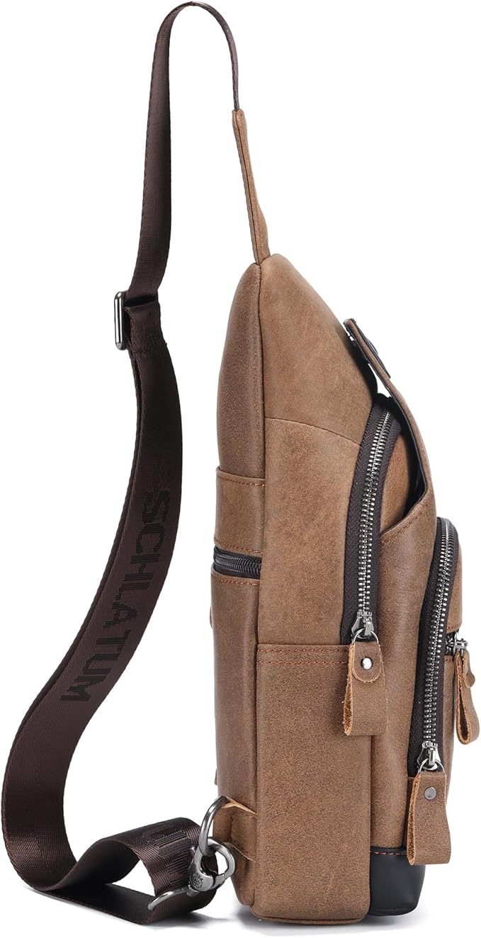 LUKZIJAES Genuine Leather Sling Bag for Men Crossbody Bags Man Shoulder Chest Pack Hiking Casual Daypack Outdoor Travel Backpack (#1-Brown)