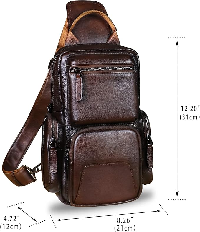 IVTG Genuine Leather Sling Bag Crossbody Casual Hiking Daypack Vintage Handmade Chest Bag Shoulder Backpack Motorcycle Pack (Coffee)
