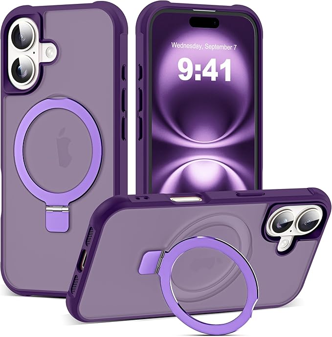 Compatible with iPhone 16 Case with Invisible Magnetic O-Ring Stand Military-Grade Translucent Case for iPhone 16 6.1" [Compatible with Mag-Safe][Great Grip Feeling], Purple