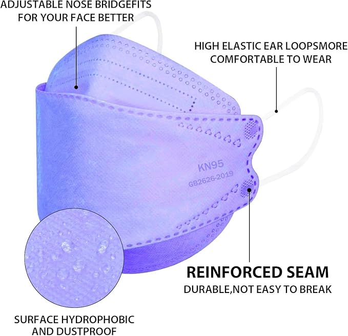 KN95 Face Masks for Adults 50 Pack, Individually Wrapped, 5-Ply Purple Disposable Face Mask Against PM 2.5 Smoke & Dust, Filtration Efficiency 95%