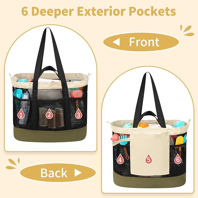 Mesh Beach Bag, Extra Large Beach Bags for Women, Lightweight Foldable Sandproof Tote Bag for Family & Vacation