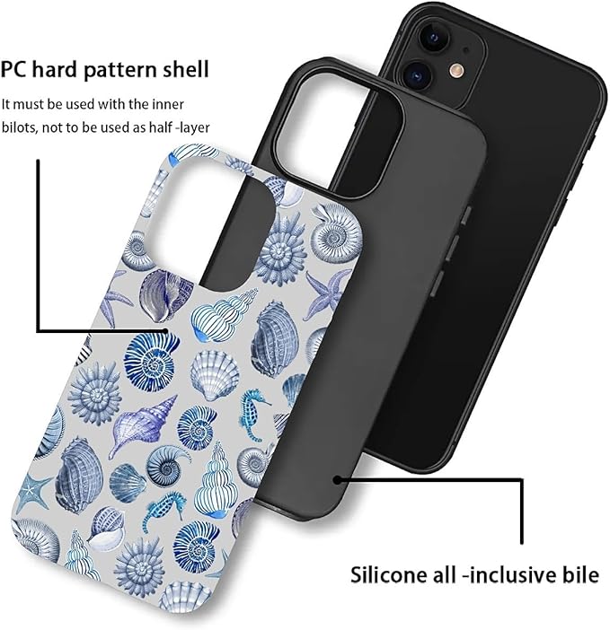 Case for iPhone 11,Summer Beachy Seashell for Woman Men Full Body Protective Cover Shockproof 2 in 1 Silicone + Hard PC Case for iPhone 11