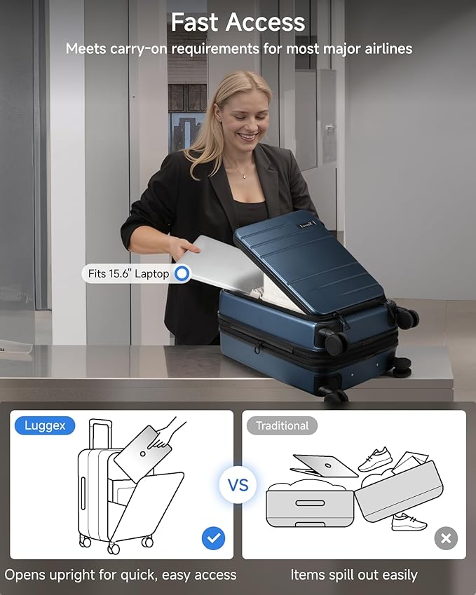 LUGGEX Carry On Luggage 22x14x9 Airline Approved, Expandable Polycarbonate Suitcase with Front Pocket (Blue, 20 Inch, 38L)