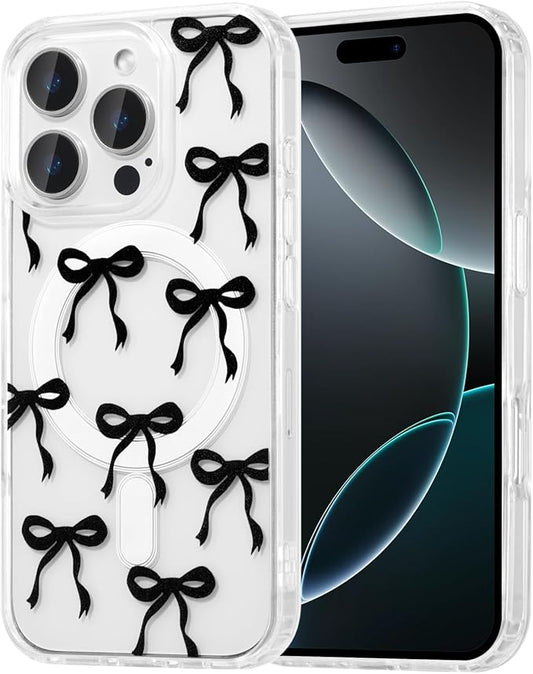 UEEBAI Magnetic for iPhone 13 Pro Max Case, Bow Case Compatible with MagSafe, Wireless Slim Clear Ribbon Aesthetic Phone Cover Anti-Yellowing Shockproof Protective Cover for Women Girl - Black