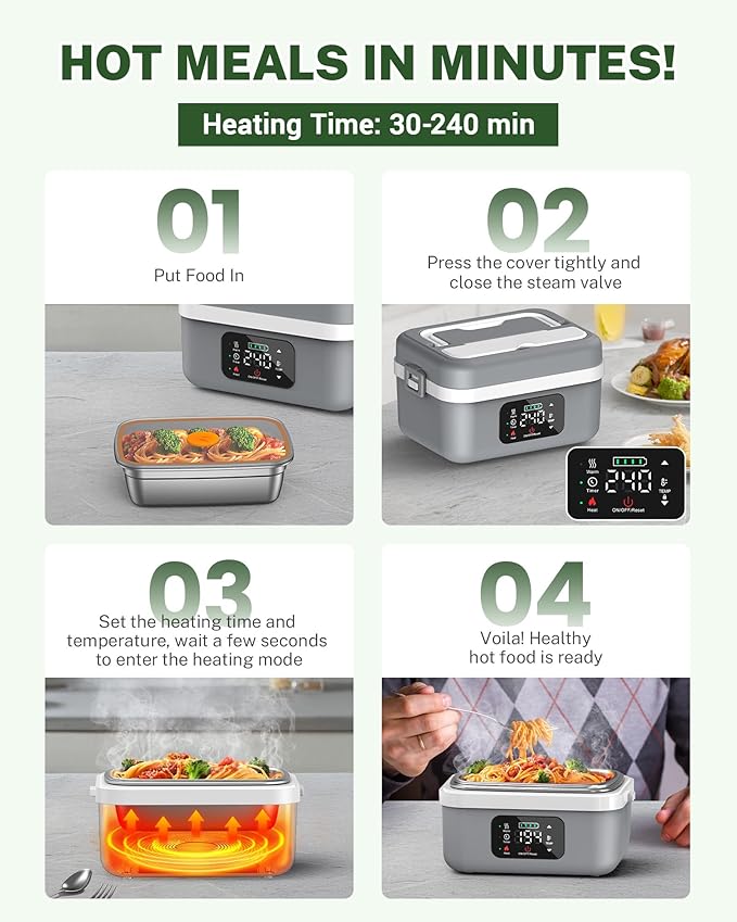 ODSD Cordless Electric Lunch Box for Adults, 16000mAh Rechargeable Self-Heating Lunch Box Food Warmer with Timer & Adjustable Heating, 34oz/1L Container with Insulated Bag for Office Car Outdoor