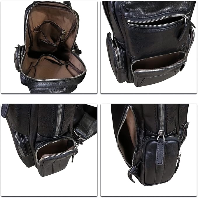 IVTG Genuine Leather Sling Bag Crossbody Casual Hiking Daypack Vintage Handmade Chest Bag Shoulder Backpack Motorcycle Pack (Darkgrey)