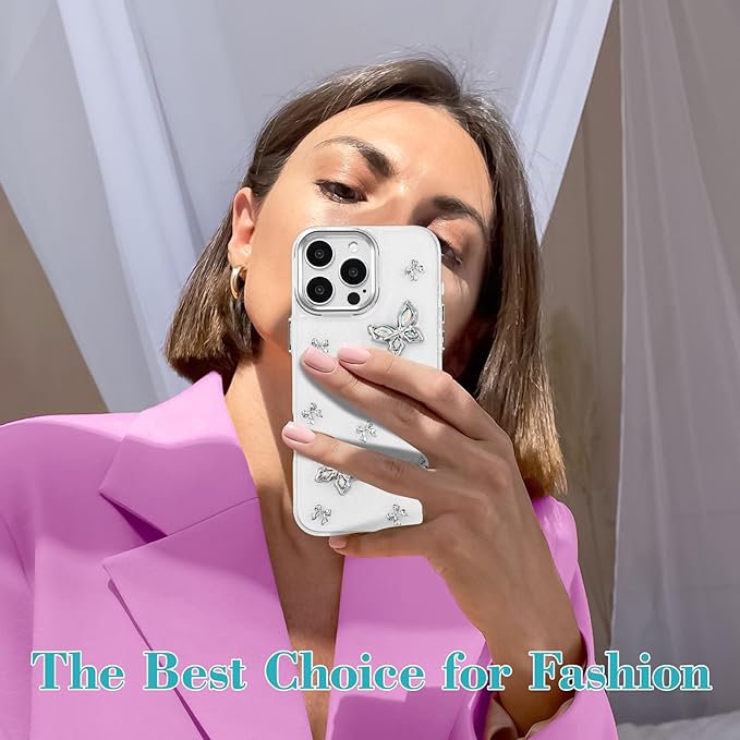 EYZUTAK Case for iPhone 15 Pro Max, Bling Glitter 3D Butterflies Bowknot Phone Case Cute Crystal Clear Bow Aesthetic Case Slim Soft Durable TPU Transparent Protective Cover for Women Girls - Butterfly