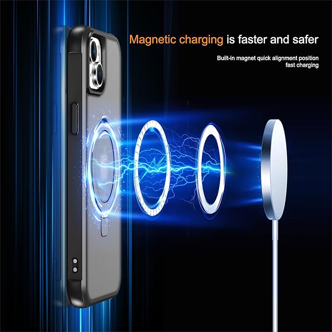 Compatible with iPhone 15 Case with Invisible Magnetic O-Ring Stand Military-Grade Translucent Case for iPhone 15 6.1" [Compatible with Mag-Safe][Great Grip Feeling], Black