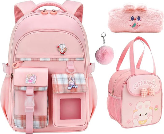 Girl Backpack for School Kids, Pink Cute Bookbag with Lunch Box Rainbow Elementary School Bag Pencil Case (Pink,3Pcs Set)