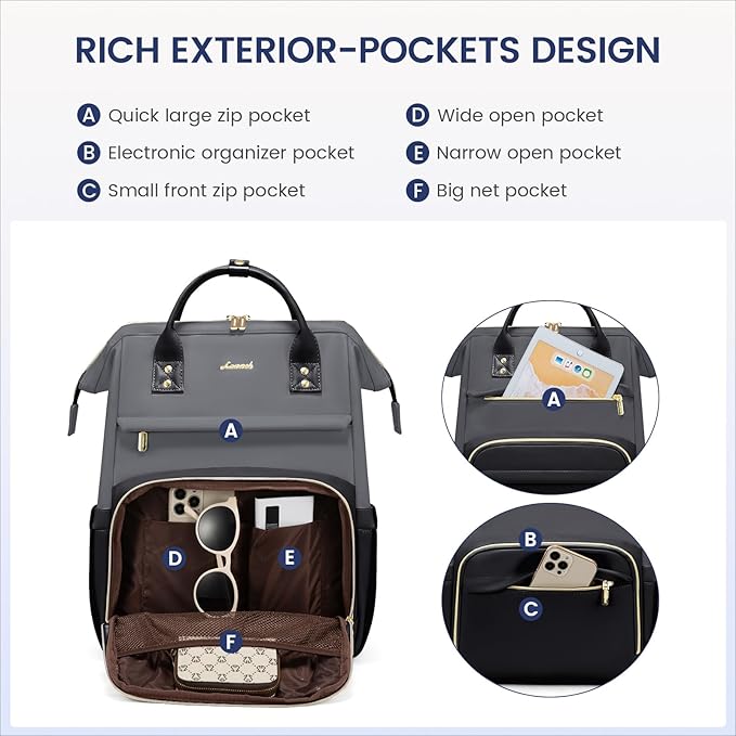 LOVEVOOK Leather Backpack for Women,15.6 inch Leather Laptop Backpacks Women,Professional Work Backpacks Nurse College Teacher Bag,Womens Laptop Bag Computer Travel Backpack Purse,Smoky Gray-Black