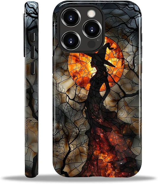 Case for iPhone 15 Pro Case,Halloween Witch Moon Stained Glass Design Hybrid Dual Protection Silicone + Hard PC Shockproof Full Body Cover Slim Anti-Scratch Protective Case for Men Women
