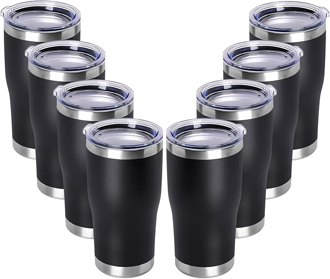 DOMICARE 20oz Tumbler with Lid Stainless Steel Tumblers Bulk, Double Wall Vacuum Insulated Coffee Travel Mug Powder Coated Tumbler, 8 Pack Black