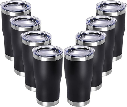 DOMICARE 20oz Tumbler with Lid Stainless Steel Tumblers Bulk, Double Wall Vacuum Insulated Coffee Travel Mug Powder Coated Tumbler, 8 Pack Black