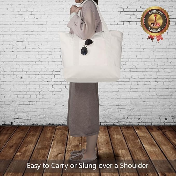 TOPDesign 30-Pack Canvas Tote Bags with an External Pocket, Reusable Grocery Shopping Bags, Top Zipper Closure, Daily Essentials (Natural)