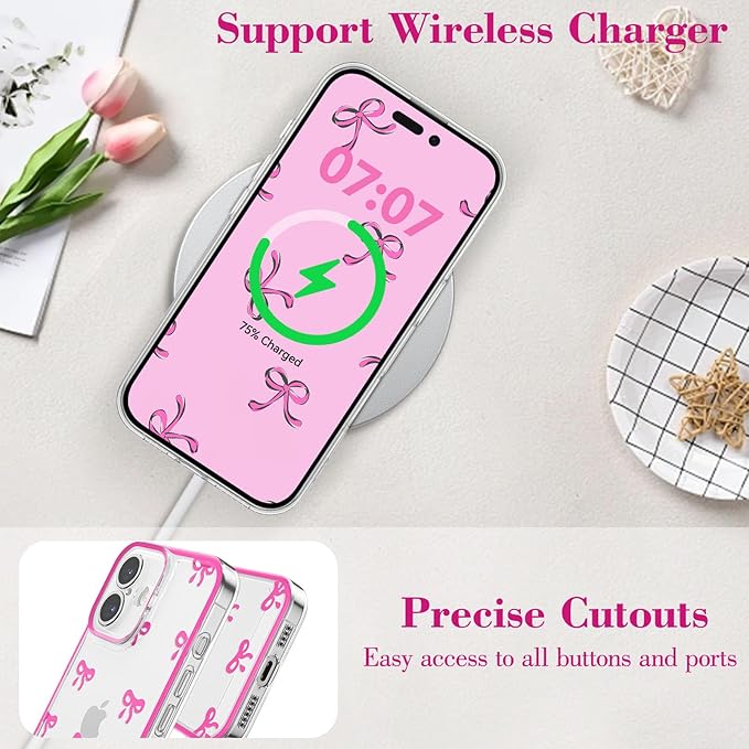 EYZUTAK Case for iPhone 16, Clear Cute Ribbon Bowknot Pattern Aesthetic Transparent Phone Case Raised Camera Protection Stylish Slim Soft Durable TPU Protective Cover for Women Girls - Rose Red