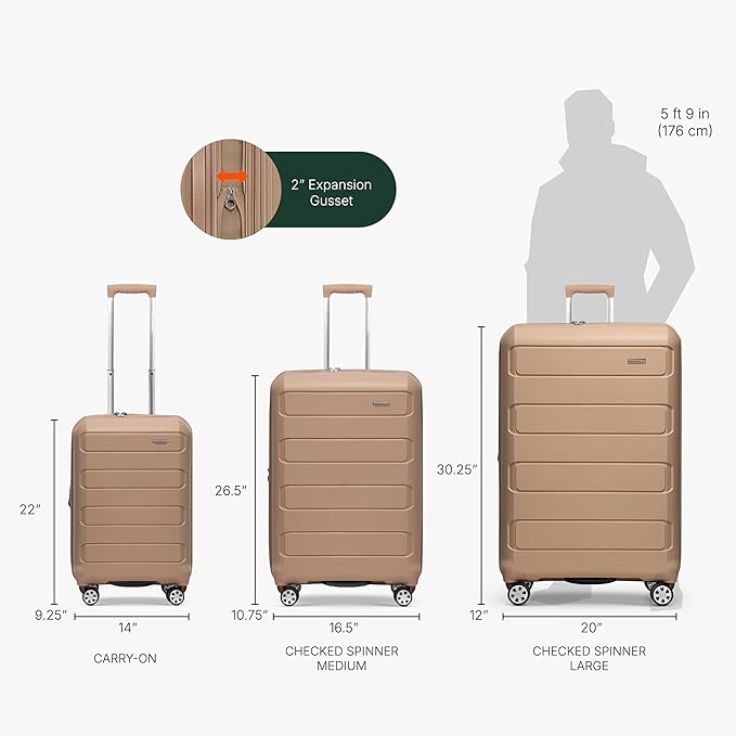 Traveler's Choice Pagosa Indestructible Hardshell Expandable Spinner Luggage, Latte Beige, 3-Piece Set (22/26/30)