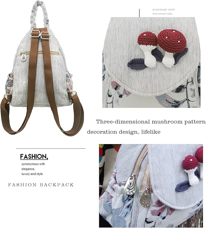 HUANGGUOSHU Women Cotton Woven Bohemian Hemp Boho Canvas Embroidery Multi Pocket Retro Cute Backpack Wallet Backpack（Mushroom）