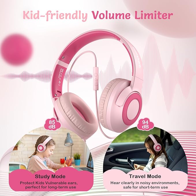 Kids Wired Headphones with Microphone, Volume Limited to 85/94dB Pink Earphone for Girls, Foldable 3.5mm Jack Headset for School & Travel, Includes Portable Case