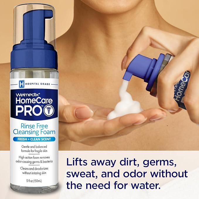 HomeCare PRO No Rinse Body Wash Cleansing Foam, Easier Cleansing for Caregivers Managing Incontinence, Pressure ulcers, bedsores + use with Adult Wipes, Disposable washcloth (5oz)