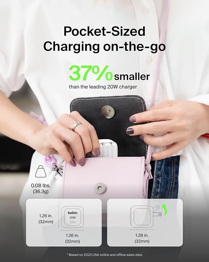 Belkin USB C Charger Block 20W, Fast Charging Block, Type C Wall Charger, USB C Cable Included Compatible w/Apple iPhone 17, Air, Pro, Samsung Galaxy S25, Google Pixel 10, iPad, AirPods, etc. - White