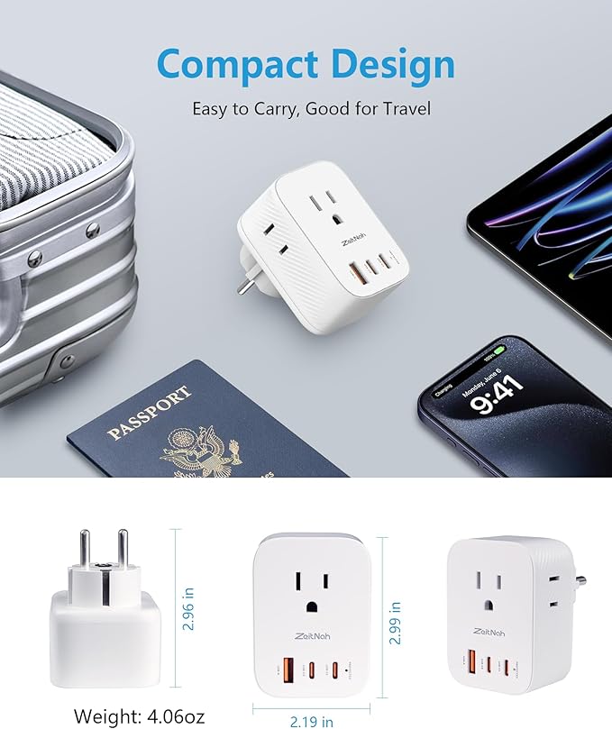 2 Pack European Travel Plug Adapter, Type E/F Plug Adapter with 30W GaN Fast Charger, 3 AC Outlets, 2 USB-C & 1 USB-A Ports, Power Adapter for France, Germany, Spain, South Korea & More