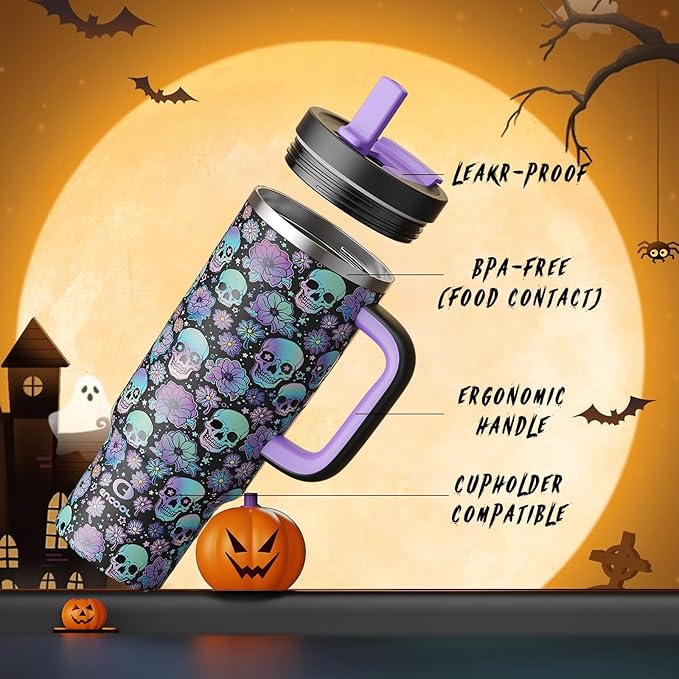 40oz Halloween Tumbler with Handle and Straw, Stainless Steel Insulated Water Bottle with Straw, Leak-Proof, Cup Holder Friendly, Keeps Cold 24 H, Gifts for Women Men, Floral Afterlife
