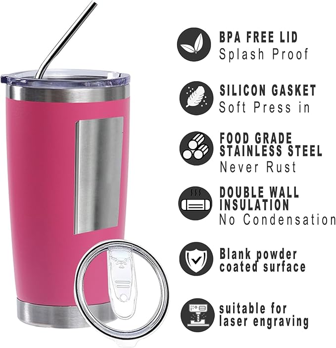 20oz insulted tumblers stainless steel cup Tumbler Bulk with push Lid, and metal straw powder coated coffee cup for cold and hot drinking (48, pink)
