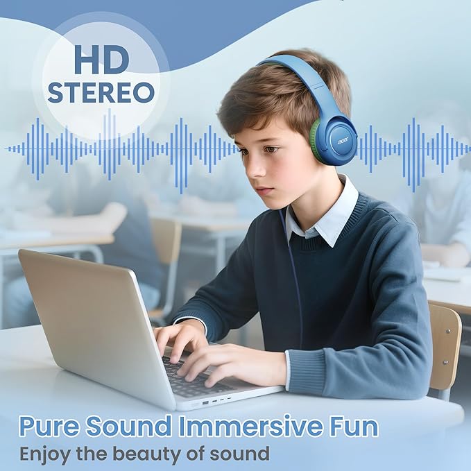 Kids Headphones Wired for School - Over-Ear 85/94dB Volume Limiter, 3.5mm Jack Foldable Stereo Sound Headset for Toddlers Girls Boys Travel Learning Entertainment Tablet Kindle iPad PC Blue Green