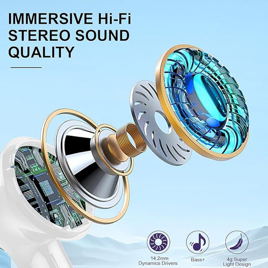 Wireless Earbuds, 2025 Bluetooth Headphones V5.3 HiFi Stereo Ear buds with ENC Noise Cancelling Mics, 40H Bluetooth Earbuds with Dual LED Display, IP7 Waterproof Earphones for Android iOS, White