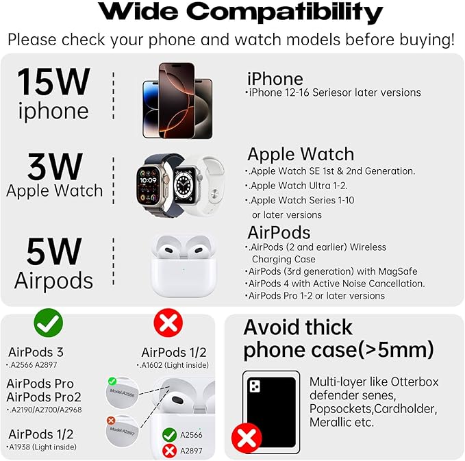 3 in 1 Wireless Charging Station for Multiple Devices Apple Magsafe Charger Stand, Mag-Safe Wireless Charger Dock for iPhone 16 15 14 13 12 Series Apple Watch Airpods Nignt Stand Charging Dock(Black)