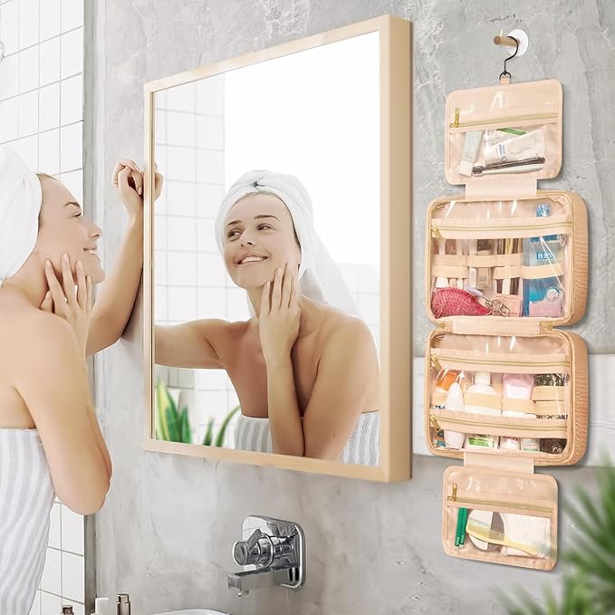 Dot&Dot Spacious Leather Toiletry Bathroom Bag - Hanging Travel Toiletry Bag for Women - Men's & Women's Toiletries Makeup and Cosmetic Organizer for Traveling Women