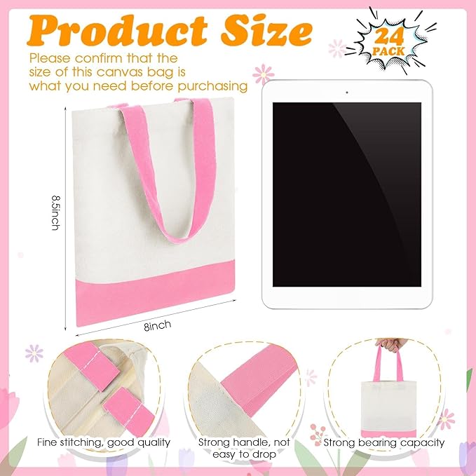 Amylove 24 Pcs Mini Tote Bag Sublimation Blank Canvas Tote Bags Reusable Grocery Luggage DIY Sack Goody for Party Even (8.5 x 8 Inch,White with Pink Handle)
