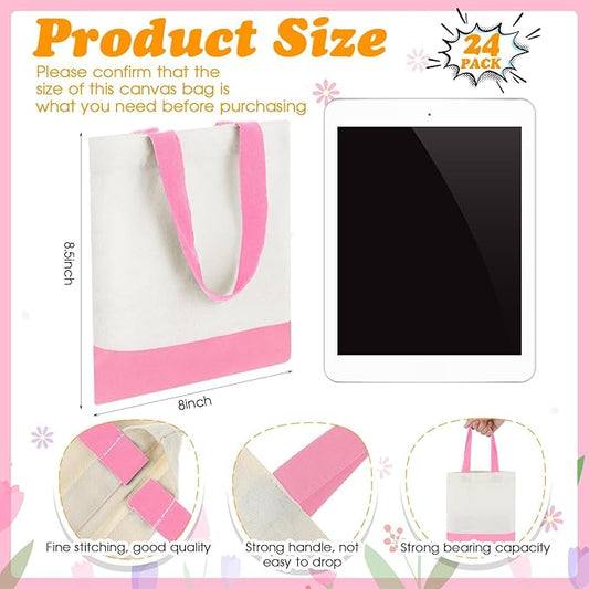 Amylove 24 Pcs Mini Tote Bag Sublimation Blank Canvas Tote Bags Reusable Grocery Luggage DIY Sack Goody for Party Even (8.5 x 8 Inch,White with Pink Handle)