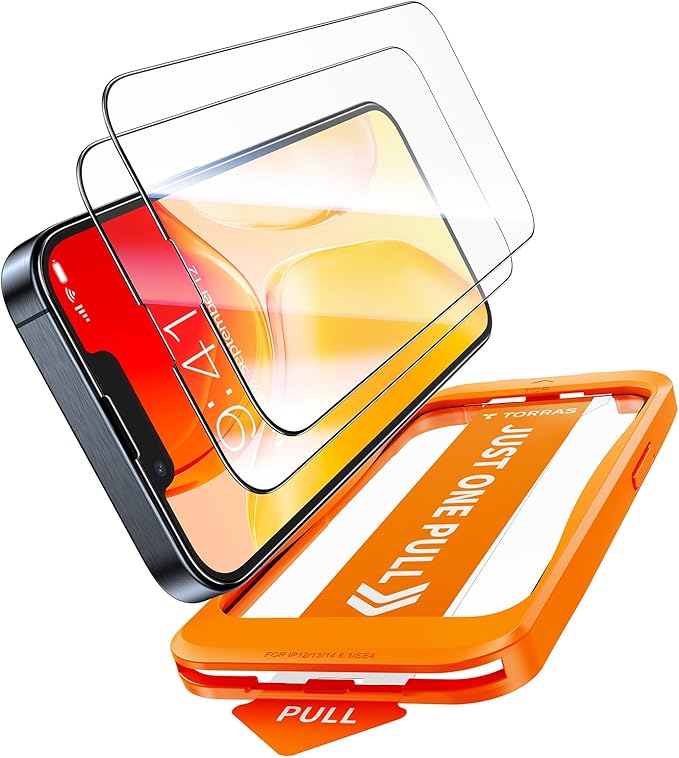 TORRAS 12FT Military-Grade Shatterproof for iPhone 16e/14/13 Pro/13 Screen Protector [9H+ Durable＆ One-Pull Installation] Tempered Glass Screen Protector 16e/14/13 Pro/13 6.1″ 2 Pack