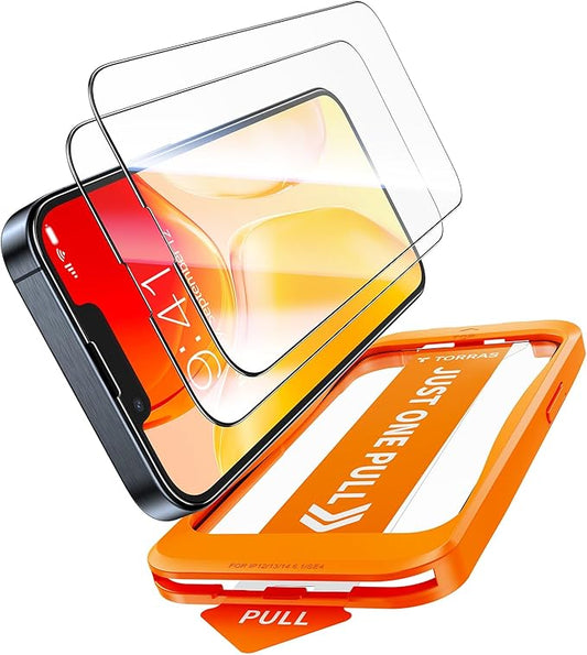 TORRAS 12FT Military-Grade Shatterproof for iPhone 16e/14/13 Pro/13 Screen Protector [9H+ Durable＆ One-Pull Installation] Tempered Glass Screen Protector 16e/14/13 Pro/13 6.1″ 2 Pack