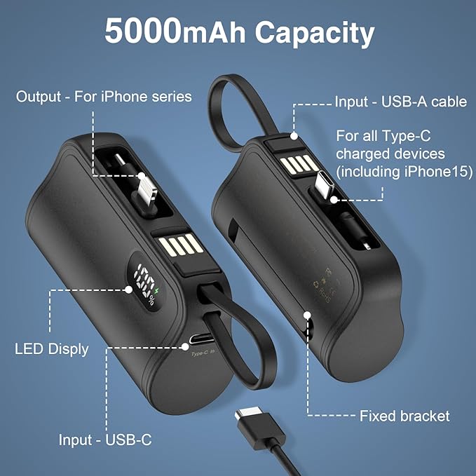 Mini Power Bank Portable Charger with Portable Connector, USB-C Compact Battery Pack Travel Portable Phone Charger Compatible with iPhone 16/16 Pro Max/15/14/13/12/11/XR Android Phones etc