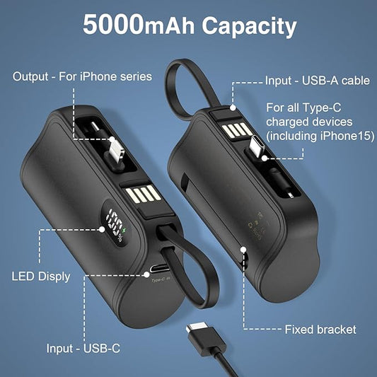 Mini Power Bank Portable Charger with Built-in Lightning&USB-C Connector, Compact Battery Pack Travel Portable Phone Charger Compatible with iPhone 16/16 Pro Max/15/14/13/12/11/XR Android Phones etc