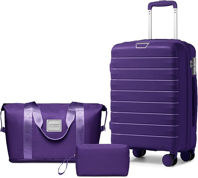 LARVENDER Luggage Sets 3 Piece with Duffel Bag Hardside PP Carry On Suitcase with 360° Spinner Wheels TSA Lock Luggage Sets for Women, Grape Purple