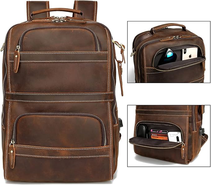 LANNSYNE Vintage Genuine Leather Backpack For Men 15.6 Inch Laptop Bag Overnight Weekender Camping Daypack Rucksack