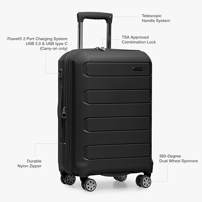 Traveler's Choice Pagosa Indestructible Hardshell Expandable Spinner Luggage, Black, 2-Piece Set (22/26)
