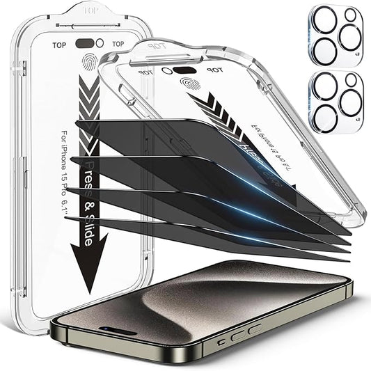 EZ-GLAZ-4 Pack iPhone 15 Pro Privacy Screen Protector(6.1'') With [2 Pcs Camera Lens Protector], Anti-Spy, 9H Hardness, Drop-Resistant, Case Friendly, Anti-Scratch & EZ-To-Install Tempered Glass