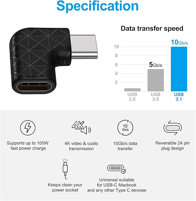 USB C Right Angle Adapter,90 Degree USB C to USB Type-C Male to Female Adapter (3 Pack). Support USB-C 3.1 PD 100W Quick Charge 10Gb/s Data Transfer,for Laptop & Tablet & Mobile Phone -Black