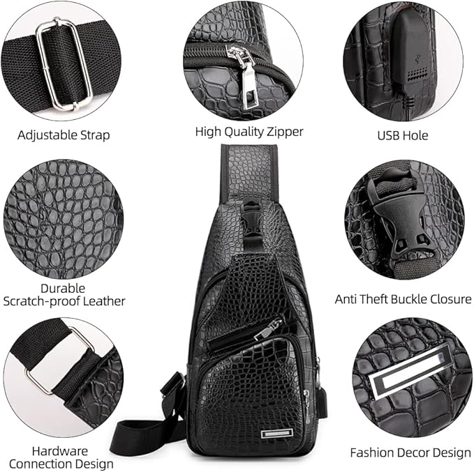 Peicees Leather Sling Bag Mens Crossbody Bag Chest Bag Sling Backpack for Men with USB Charge Port