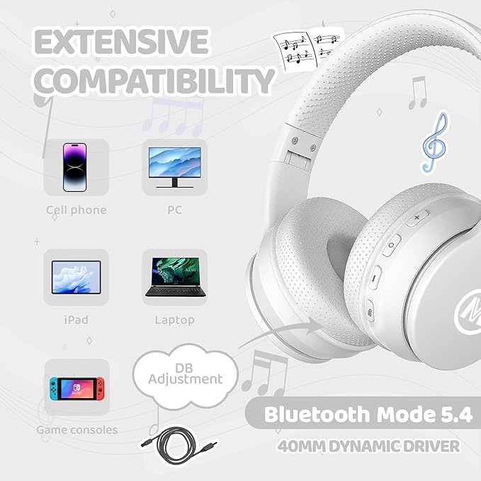 Headphones Kids Bluetooth 5.4 Wireless Play Time 68H Safe Volume Limit 85/94dB Over-Ear Foldable Headset,Fast Charging,with Aux Cord Built-in Mic for Toddler Child Pad Study Tablet White