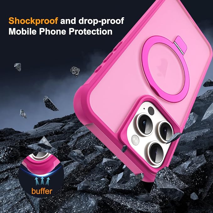 Compatible with iPhone 15 Pro Case with Invisible Magnetic O-Ring Stand Military-Grade Translucent Case for iPhone 15 Pro 6.1" [Compatible with Mag-Safe][Great Grip Feeling], Rose